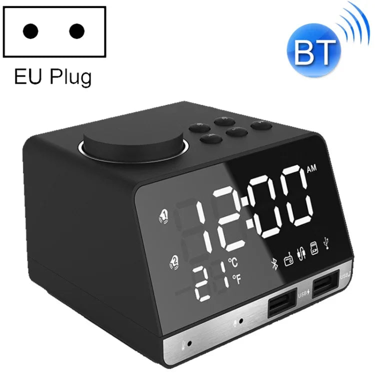ลำโพงนาฬิกาปลุกบลูทูธ K11 นาฬิกาดิจิทัลแสดงเพลงพร้อมวิทยุและพอร์ต USB คู่ รองรับ U Disk / TF Card / FM / AUX ปลั๊ก EU สีดำ, สีขาว