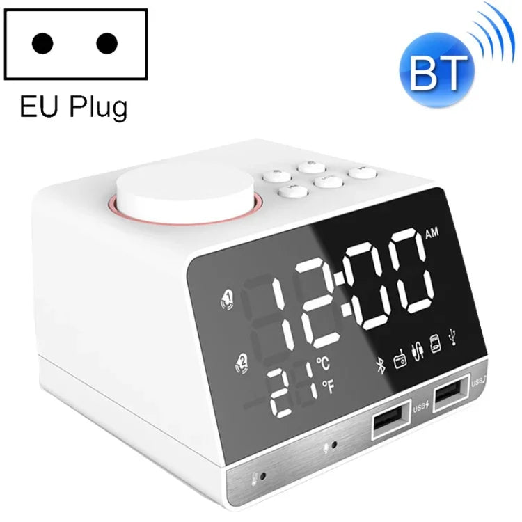 ลำโพงนาฬิกาปลุกบลูทูธ K11 นาฬิกาดิจิทัลแสดงเพลงพร้อมวิทยุและพอร์ต USB คู่ รองรับ U Disk / TF Card / FM / AUX ปลั๊ก EU สีดำ, สีขาว