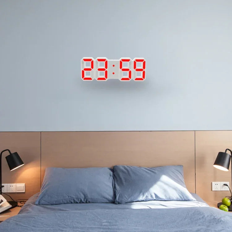 นาฬิกาปลุกติดผนังดิจิทัล LED 3D ขนาดใหญ่มัลติฟังก์ชันพร้อมฟังก์ชันเลื่อนปลุก แสดงเวลา 12/24 ชั่วโมง สำหรับบ้าน ครัว สำนักงาน DC 5V ได้รับการรับรอง CE ตัวเรือนสีขาว ตัวเลขสีเขียว น้ำเงิน แดง