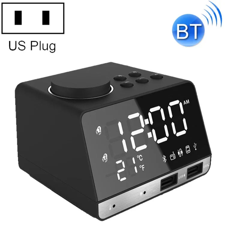 นาฬิกาปลุกลำโพงบลูทูธ K11 นาฬิกาดิจิตอลดนตรี พร้อมวิทยุและจอแสดงผล USB คู่ รองรับ U Disk / TF Card / FM / AUX ปลั๊กสหรัฐ สีดำ สีขาว
