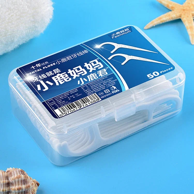 Fawnmum ไม้จิ้มฟันด้ายแบนปลอดภัยพิเศษ 50 ชิ้น/กล่อง, 2 กล่อง / (50 ชิ้น)