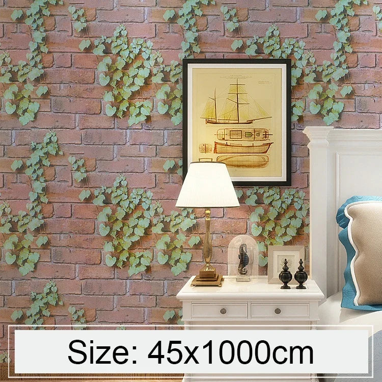 สติ๊กเกอร์วอลเปเปอร์ตกแต่งอิฐหิน 3D Parthenocissus สร้างสรรค์ สำหรับห้องนอน ห้องนั่งเล่น กันน้ำ ขนาด 45 x 1000 ซม., 3D Parthenocissus