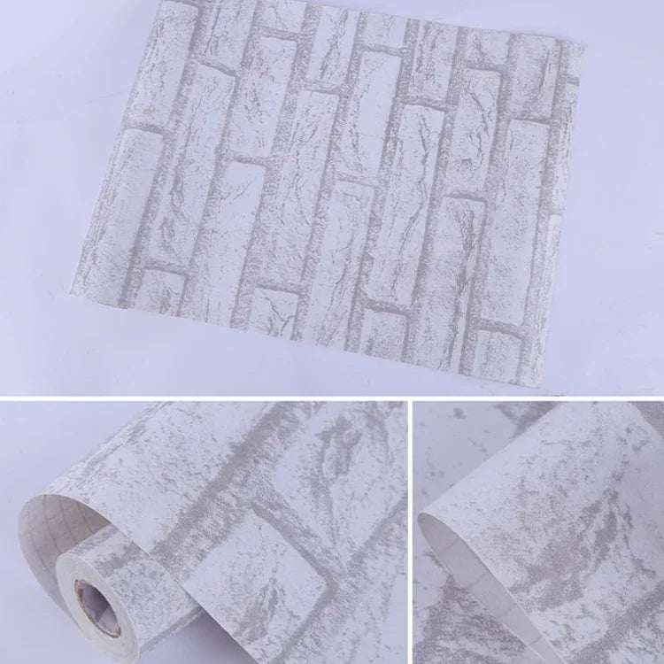 วอลเปเปอร์ตกแต่งผนังอิฐสีขาว 3D สติ๊กเกอร์วอลเปเปอร์กันน้ำ สำหรับห้องนอน ห้องนั่งเล่น ม้วนวอลเปเปอร์ ขนาด: 45 x 1000cm, อิฐสีขาว