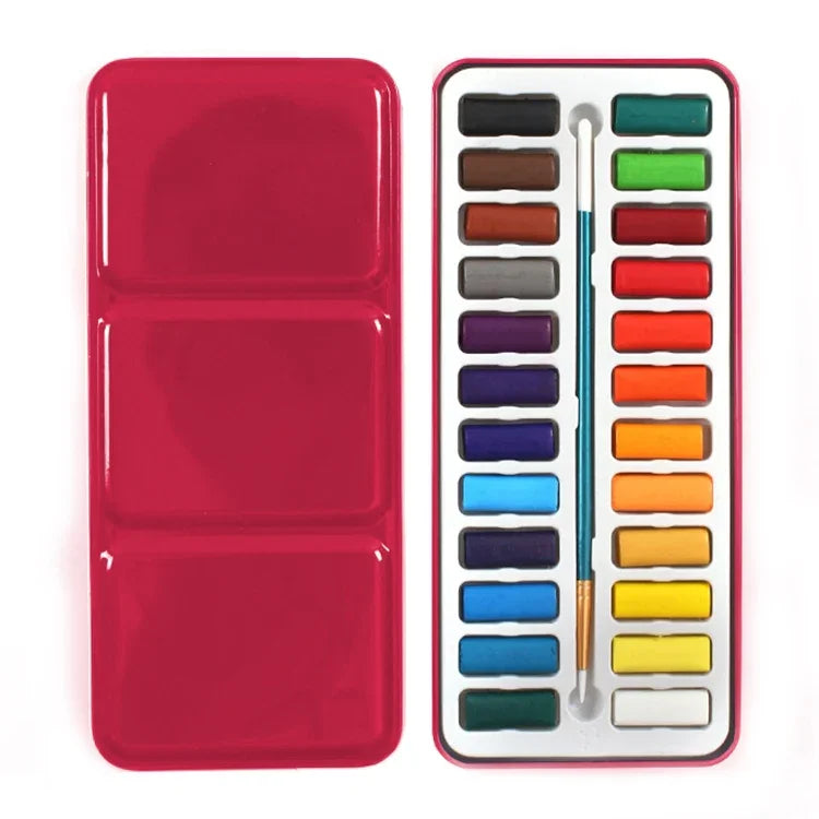 ชุดสีน้ำแข็งกล่องเหล็กแบบพกพา 24 สี สำหรับศิลปิน นักเรียน โรงเรียน วาดภาพสีน้ำกลางแจ้ง เครื่องเขียน 24 สี