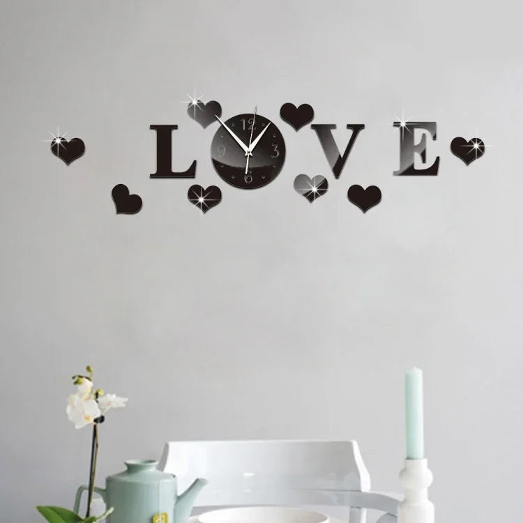 นาฬิกา LOVE สร้างสรรค์ สติ๊กเกอร์ผนังอะคริลิกกระจก DIY รุ่น LOVE (สีดำ, สีทอง, สีเงิน)