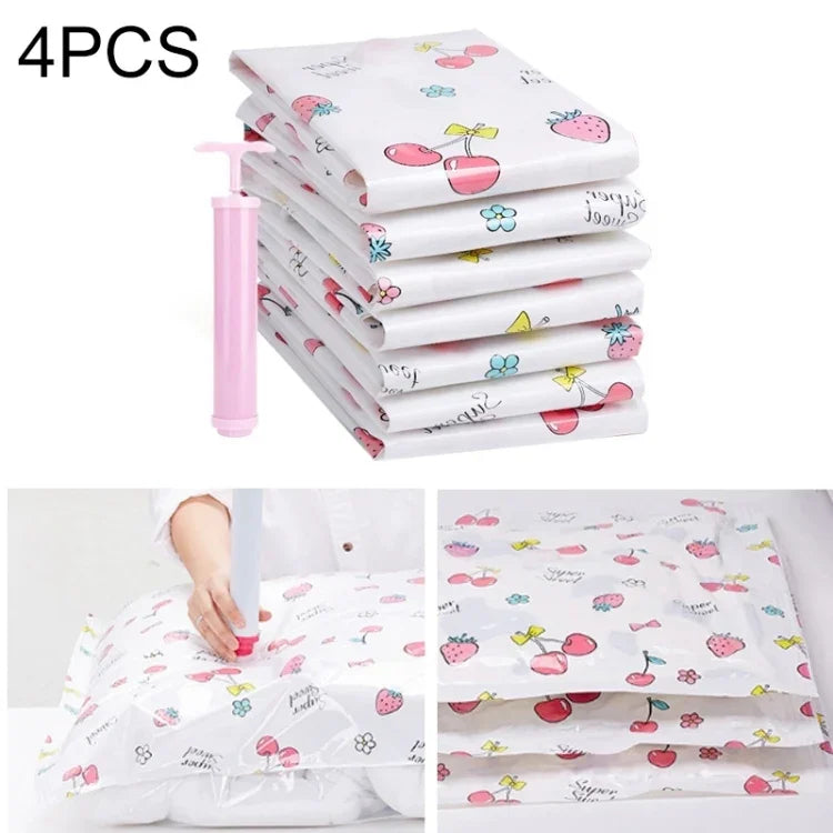 ถุงเก็บสูญญากาศลายสีลูกกวาดประหยัดพื้นที่ 4 ชิ้น ถุงเก็บผ้าห่มและเสื้อผ้าหนาพร้อมปั๊มมือฟรี ขนาด 50*70 ซม.
