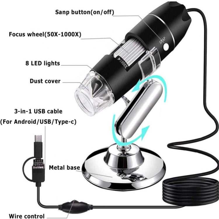 กล้องจุลทรรศน์ดิจิทัล USB 3 in 1 ความละเอียดสูง 1600X พร้อมไฟ LED 8 ดวงและขาตั้งมืออาชีพ
