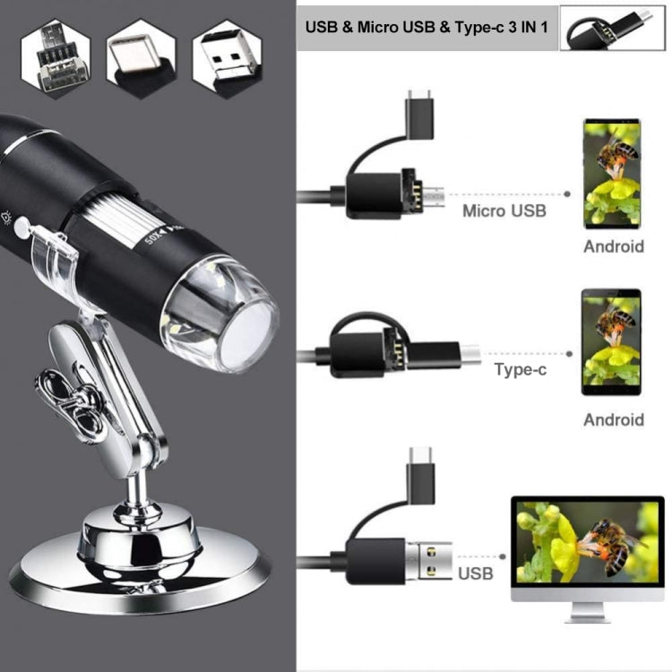กล้องจุลทรรศน์ดิจิทัล USB 3 in 1 ความละเอียดสูง 1600X พร้อมไฟ LED 8 ดวงและขาตั้งมืออาชีพ