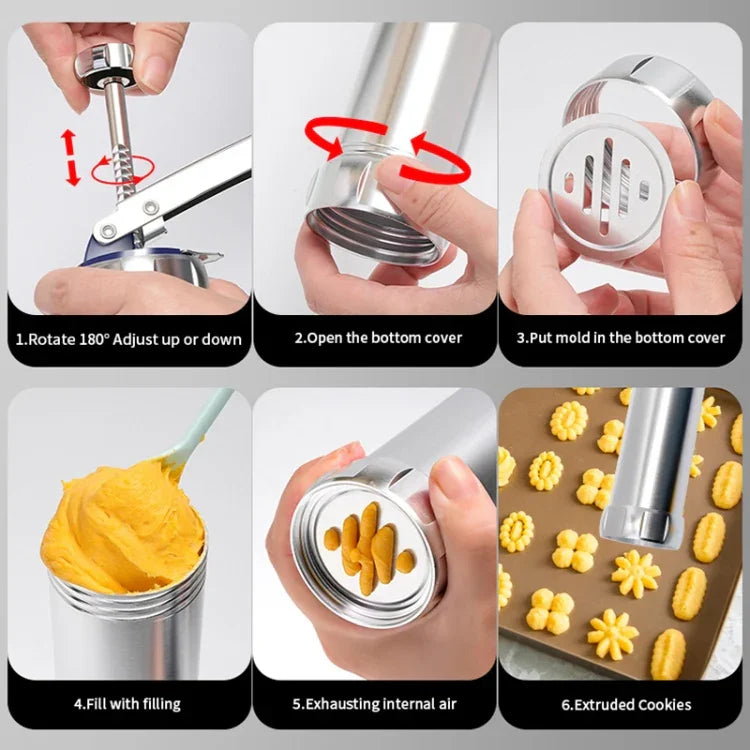 เครื่องมือทำคุกกี้และบิสกิตอเนกประสงค์ พร้อมแม่พิมพ์ 20 ชิ้นและหัวฉีด 4 ชิ้น สีเงินอเนกประสงค์
