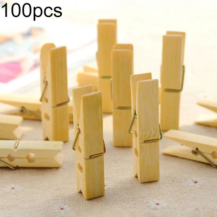 ไม้หนีบผ้าขนาดเล็กมัลติฟังก์ชัน 100 ชิ้น ทำจากไม้ไผ่ พร้อมคลิปหนีบผ้าและที่หนีบรูปถ่าย