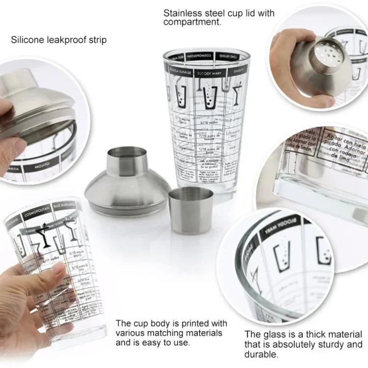 เครื่องมือเชคเกอร์ค็อกเทลแก้วสแตนเลสถ้วยชานมพร้อมสเกล ความจุ: 450ml, เชคเกอร์ค็อกเทล 450ml