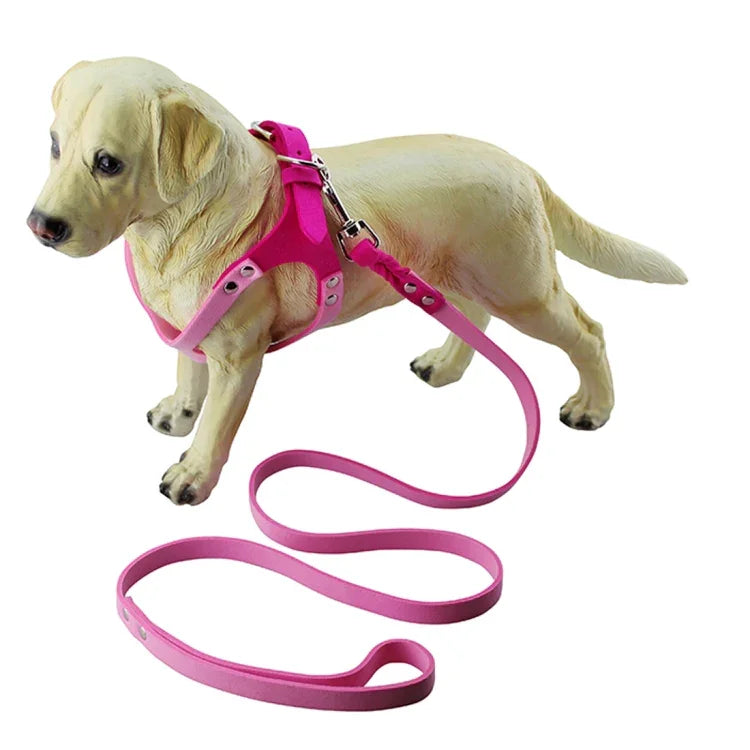 Microfiber glasses style breathable dog chest strap in pink on a Labrador retriever, size L, for safe walking and training.