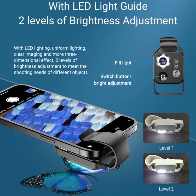 APEXEL APL-MS002BK กล้องจุลทรรศน์มือถือ HD 200X แบบพกพาพร้อมไฟ LED, APL-MS002BK