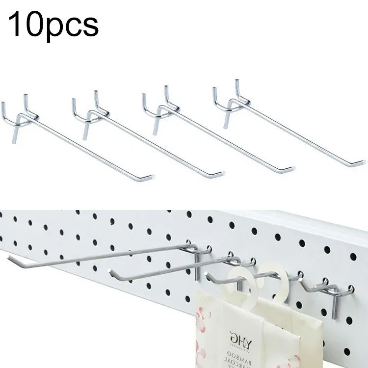 ตะขอแผ่นรูชั้นวางผนัง Pegboard ร้านเสื้อผ้าซูเปอร์มาร์เก็ต 10 ชิ้น ระยะห่างรู: 2.5cm ความยาว: 15cm เส้นผ่านศูนย์กลางลวด: 3.3mm ความยาว: 15cm