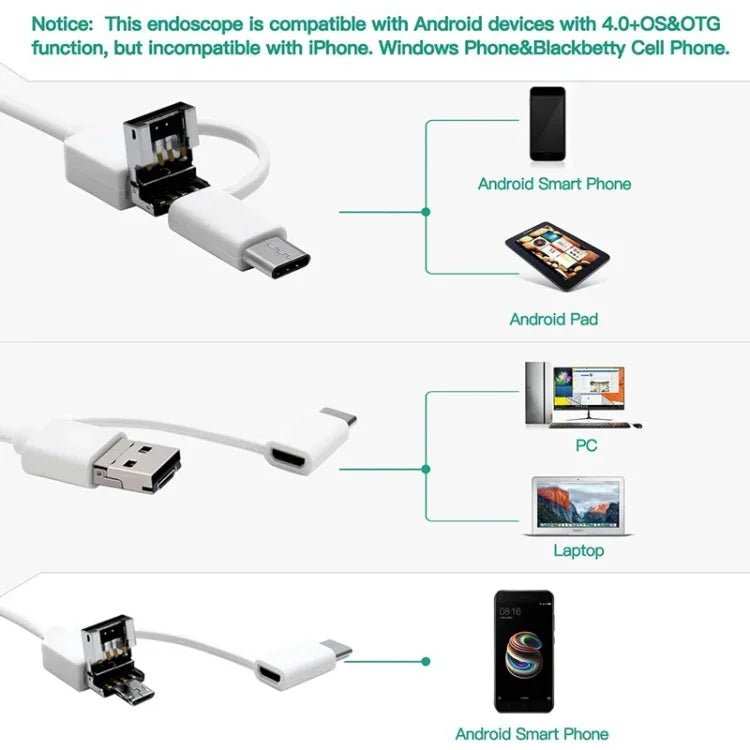 กล้องส่องหู USB 3 in 1 i95 ความละเอียด HD 0.3MP สำหรับโทรศัพท์ Android OTG, PC และ MacBook, สายยาว 1.75 ม., สีขาว 3 in 1 0.3MP