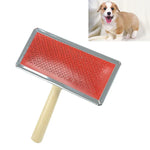 Manual pet grooming brush with a soft curved needle design and wood handle for pets, ideal for reducing shedding.