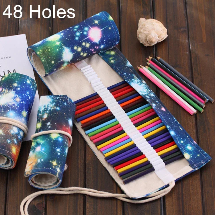 กระเป๋าดินสอผ้าใบลายกาแล็กซี่จักรวาล 48 ช่อง ม้วนเก็บได้ กระเป๋าใส่อุปกรณ์เครื่องเขียน