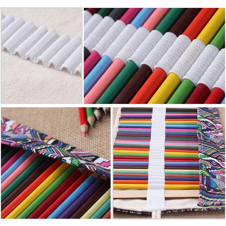 กระเป๋าปากกาผ้าใบพิมพ์ลายชาติพันธุ์ 72 ช่อง ม้วนผ้าห่อดินสอ กระเป๋าเครื่องเขียน