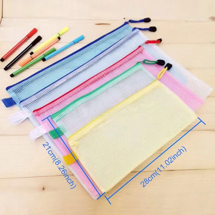 ถุงใส่เครื่องเขียนตาข่ายพลาสติกซิป ส่งสีสุ่ม (B5, ขนาด: 28x21 ซม.), B5, ขนาด: 28x21 ซม.
