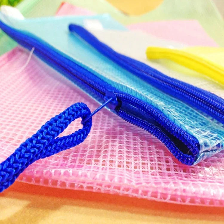 ถุงใส่เครื่องเขียนตาข่ายพลาสติกซิป ส่งสีสุ่ม (B5, ขนาด: 28x21 ซม.), B5, ขนาด: 28x21 ซม.