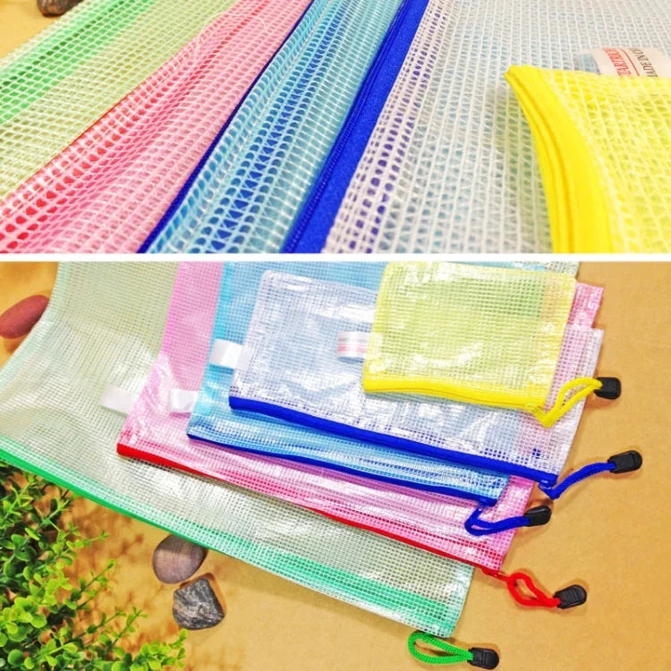 ถุงใส่เครื่องเขียนตาข่ายพลาสติกซิป ส่งสีสุ่ม (B5, ขนาด: 28x21 ซม.), B5, ขนาด: 28x21 ซม.