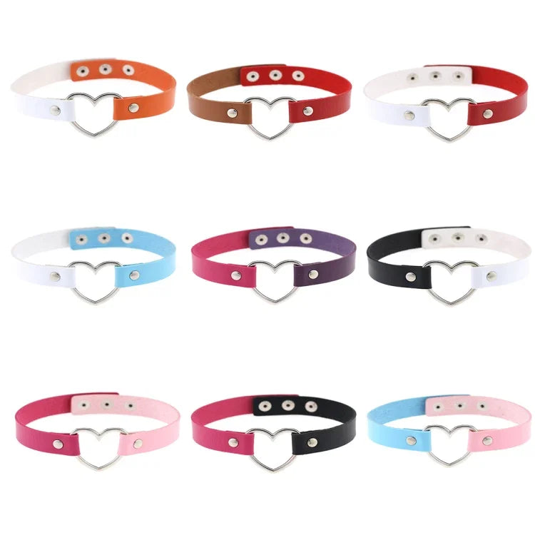 สร้อยคอช็อกเกอร์ผู้หญิงสไตล์ฮาราจูกุญี่ปุ่นรูปหัวใจหนัง PU พังค์, ส่งสีสุ่ม, TXXQ