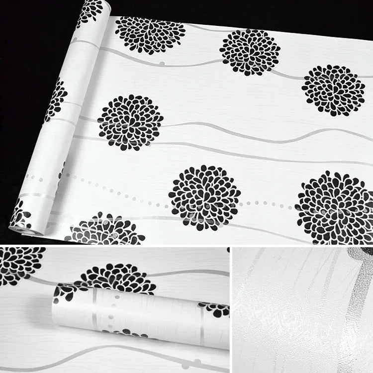 วอลเปเปอร์สติกเกอร์ตกแต่งผนังอิฐหิน 3D สไตล์สร้างสรรค์ Black Flower Ball สำหรับห้องนอน ห้องนั่งเล่น กันน้ำ ม้วนขนาด: 45 x 1000 ซม., Black flower ball