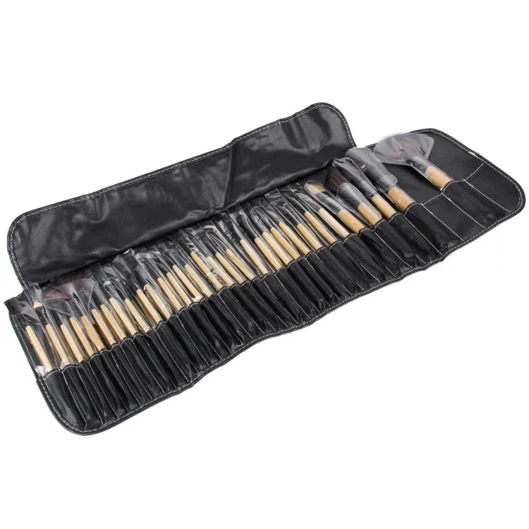 ชุดแปรงแต่งหน้าด้ามไม้สีธรรมชาติ 32 ชิ้น พร้อมกระเป๋าหนัง PU สำหรับพกพา, 32 ชิ้น