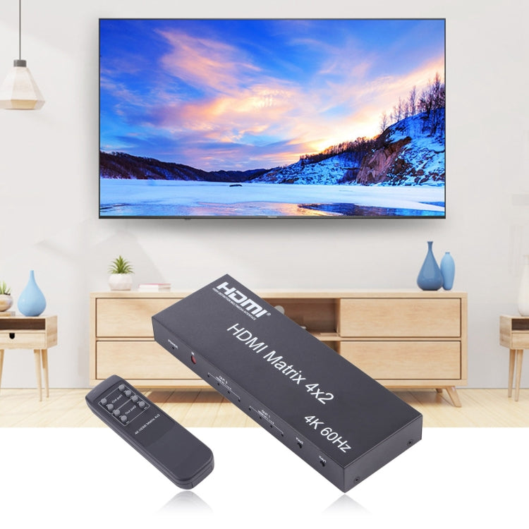สวิตช์เมทริกซ์ / ตัวแยก HDMI 4x2 พร้อมรีโมทคอนโทรล รองรับ ARC / MHL / 4Kx2K / 3D, 4 พอร์ต HDMI เข้า, 2 พอร์ต HDMI ออก, รองรับ ARC / MHL / 4Kx2K / 3D