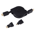 สาย HDMI ตัวผู้ 1 ม. แบบเลื่อนเก็บได้ พร้อมอะแดปเตอร์ Mini HDMI และ Micro HDMI สำหรับ HDTV, จอมอนิเตอร์, โปรเจคเตอร์, PC, กล้อง และแท็บเล็ต สมาร์ทโฟน