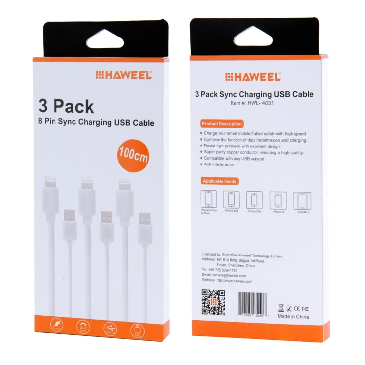 ชุดสายชาร์จและซิงค์ HAWEEL 3 ชิ้น ความยาว 1 เมตร ความเร็วสูง 8 พิน เป็น USB สำหรับ iPhone, iPad 3 ชิ้น