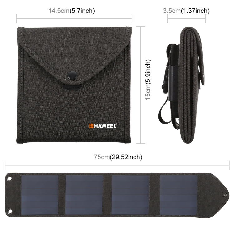 HAWEEL ที่ชาร์จพลังงานแสงอาทิตย์แบบพกพาพับได้ 14W 5V 2.4A สำหรับเดินทางกลางแจ้ง พร้อมแผงโซลาร์เซลล์ 4 แผงและพอร์ต USB ขนาด: S, 14W