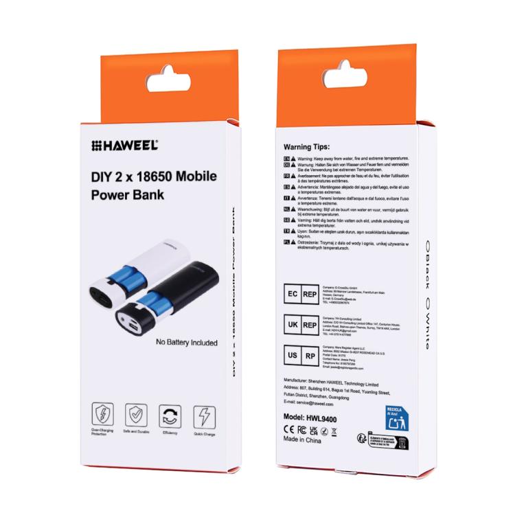 กล่องเปล่าสำหรับแบตเตอรี่ DIY HAWEEL 2x 18650 (ไม่รวมแบตเตอรี่) ความจุ 5600mAh พร้อมพอร์ต USB และไฟแสดงสถานะ DIY 2 แบตเตอรี่ (สีดำ), DIY 2 แบตเตอรี่ (สีขาว)