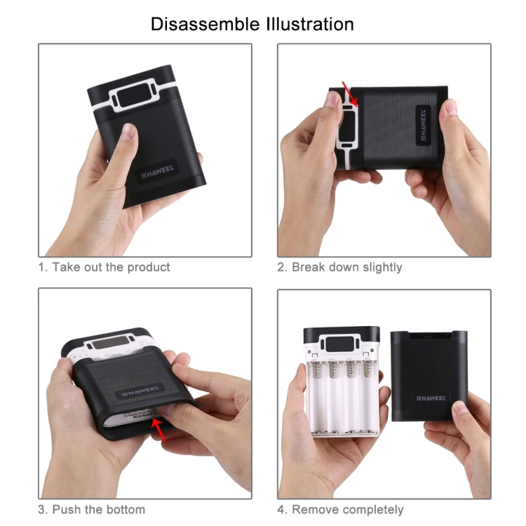 กล่องเปล่าสำหรับแบตเตอรี่ DIY HAWEEL 4 x 18650 (ไม่รวมแบตเตอรี่) ความจุ 10000mAh พร้อมพอร์ต USB 2 ช่องและหน้าจอแสดงผล สำหรับ iPhone, Galaxy, Sony, HTC, Google, Huawei, Xiaomi, Lenovo และสมาร์ทโฟนอื่นๆ DIY 4 x 18650 10000mAh แบตเตอรี่ (US)