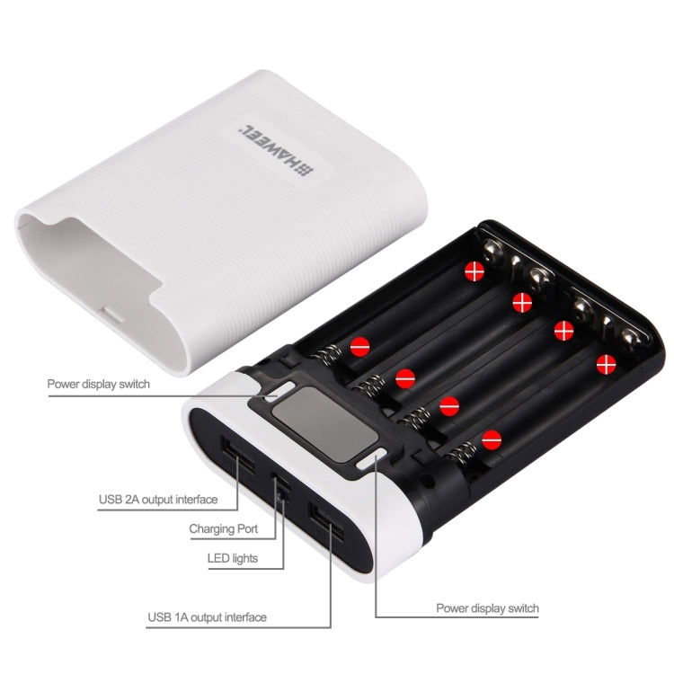 กล่องเปล่าสำหรับแบตเตอรี่ DIY HAWEEL 4 x 18650 (ไม่รวมแบตเตอรี่) ความจุ 10000mAh พร้อมพอร์ต USB 2 ช่องและหน้าจอแสดงผล สำหรับ iPhone, Galaxy, Sony, HTC, Google, Huawei, Xiaomi, Lenovo และสมาร์ทโฟนอื่นๆ DIY 4 x 18650 10000mAh แบตเตอรี่ (US)