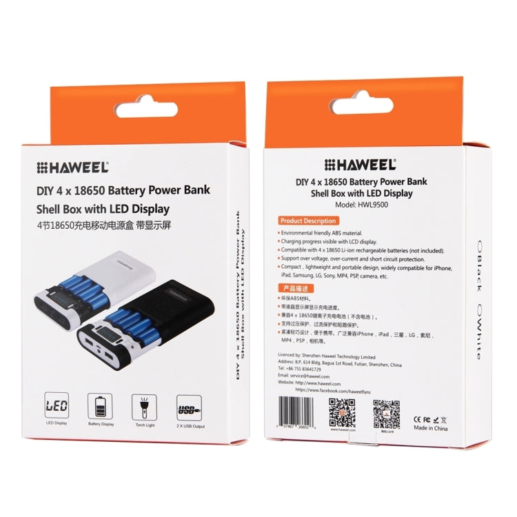 กล่องเปล่าสำหรับแบตเตอรี่ DIY HAWEEL 4 x 18650 (ไม่รวมแบตเตอรี่) ความจุ 10000mAh พร้อมพอร์ต USB 2 ช่องและหน้าจอแสดงผล สำหรับ iPhone, Galaxy, Sony, HTC, Google, Huawei, Xiaomi, Lenovo และสมาร์ทโฟนอื่นๆ DIY 4 x 18650 10000mAh แบตเตอรี่ (US)