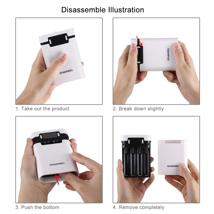 กล่องเปล่าสำหรับแบตเตอรี่ DIY HAWEEL 4 x 18650 (ไม่รวมแบตเตอรี่) ความจุ 10000mAh พร้อมพอร์ต USB 2 ช่องและหน้าจอแสดงผล สำหรับ iPhone, Galaxy, Sony, HTC, Google, Huawei, Xiaomi, Lenovo และสมาร์ทโฟนอื่นๆ DIY 4 x 18650 10000mAh แบตเตอรี่ (US)