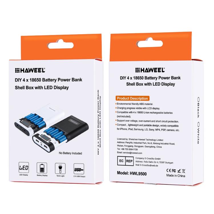กล่องเปล่าสำหรับแบตเตอรี่ DIY HAWEEL 4 x 18650 (ไม่รวมแบตเตอรี่) ความจุ 10000mAh พร้อมพอร์ต USB 2 ช่องและหน้าจอแสดงผล สำหรับ iPhone, Galaxy, Sony, HTC, Google, Huawei, Xiaomi, Lenovo และสมาร์ทโฟนอื่นๆ DIY 4 x 18650 10000mAh แบตเตอรี่ (US)