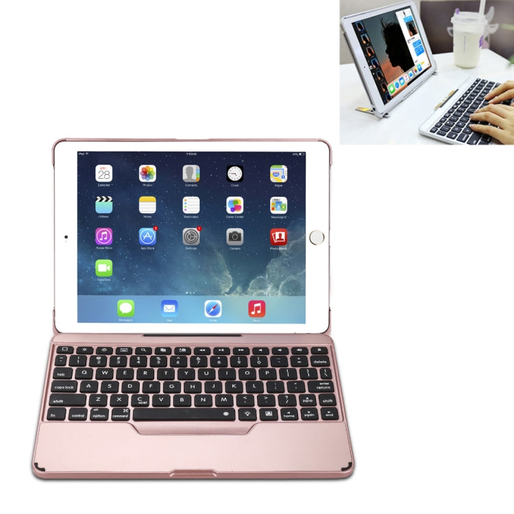 F611 เคสแท็บเล็ตคีย์บอร์ดบลูทูธอลูมิเนียมแผงหลังมีไฟสีสันถอดได้สำหรับ iPad Air 2 / 9.7 (2018) / 9.7 นิ้ว (2017) / Air / Pro 9.7 นิ้ว