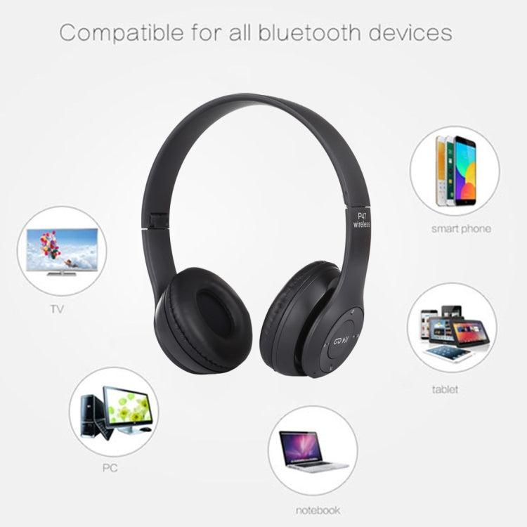 หูฟังบลูทูธไร้สายพับได้ P47 พร้อมแจ็คเสียง 3.5 มม. รองรับ MP3 / โทร P47 สีดำ, P47 สีน้ำเงิน, P47 สีแดง, P47 สีขาว, P47 สีเขียว
