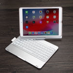F102AS เคสแท็บเล็ตหนังพร้อมคีย์บอร์ดบลูทูธหมุนได้มีไฟสีสันสำหรับ iPad 10.2 นิ้ว พร้อมช่องใส่ปากกา