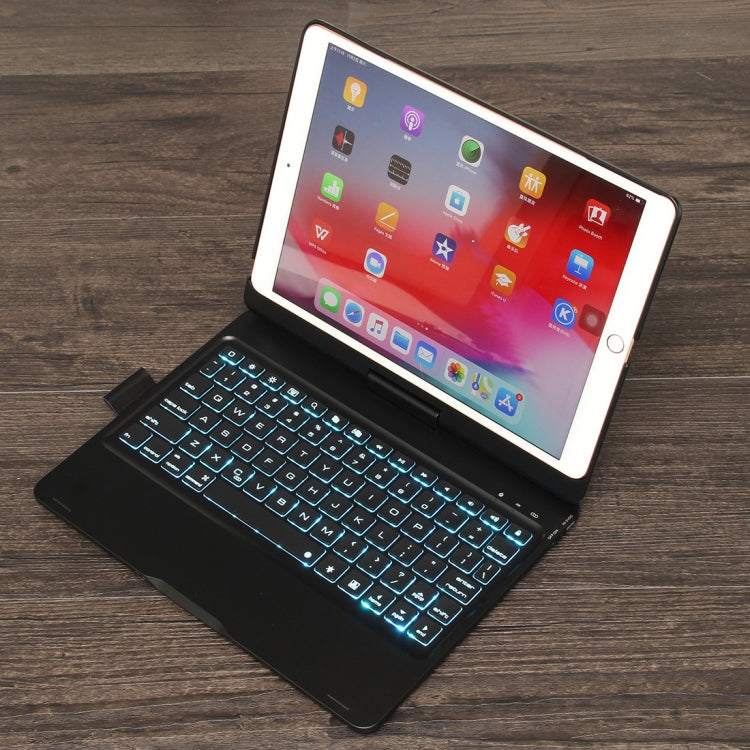 F102AS เคสแท็บเล็ตหนังพร้อมคีย์บอร์ดบลูทูธหมุนได้มีไฟสีสันสำหรับ iPad 10.2 นิ้ว พร้อมช่องใส่ปากกา