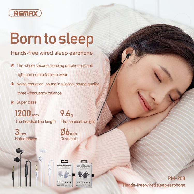 REMAX RM-208 หูฟังสเตอริโอสำหรับนอนแบบใส่ในหูพร้อมสายควบคุม + ไมโครโฟน, รองรับการใช้งานแบบแฮนด์ฟรี