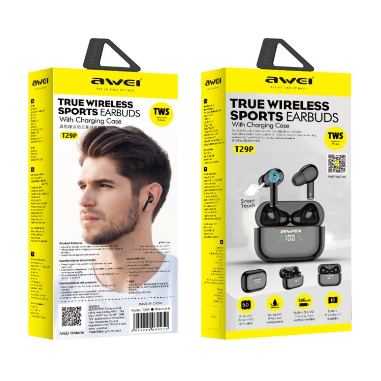 หูฟังสปอร์ตไร้สาย awei T29P Bluetooth V5.0 พร้อมจอแสดงผล LED กันน้ำ IPX4 TWS พร้อมกล่องชาร์จ