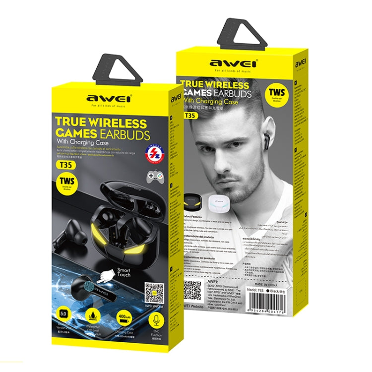 หูฟังสปอร์ตเกมไร้สาย awei T35 Bluetooth V5.0 โหมดคู่ กันน้ำ IPX5 TWS พร้อมกล่องชาร์จ