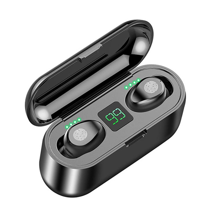 F9 TWS หูฟังบลูทูธไร้สายแบบสองข้าง Bluetooth V5.0 ควบคุมด้วยการสัมผัส พร้อมกล่องชาร์จและหน้าจอดิจิทัล, F9