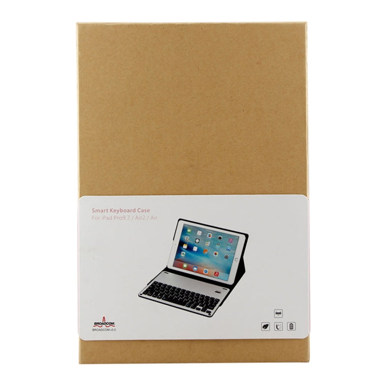 เคสแท็บเล็ตหนังลายลัมบ์สกินพร้อมคีย์บอร์ดอะลูมิเนียมอัลลอยถอดได้ Bluetooth 3.0 FT-1038B สำหรับ iPad Air / Air 2 / iPad Pro 9.7 นิ้ว พร้อมกันน้ำ / ปรับมุมสามเกียร์ / แม่เหล็ก / ฟังก์ชันพักเครื่อง, FT-1038B
