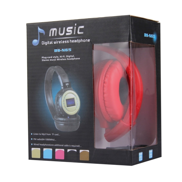หูฟังไร้สายสเตอริโอ HiFi แบบพับได้ พร้อมที่คาดหัว รุ่น BS-N65 มีหน้าจอ LCD, ช่องใส่การ์ด TF, ไฟแสดงสถานะ LED และฟังก์ชัน FM