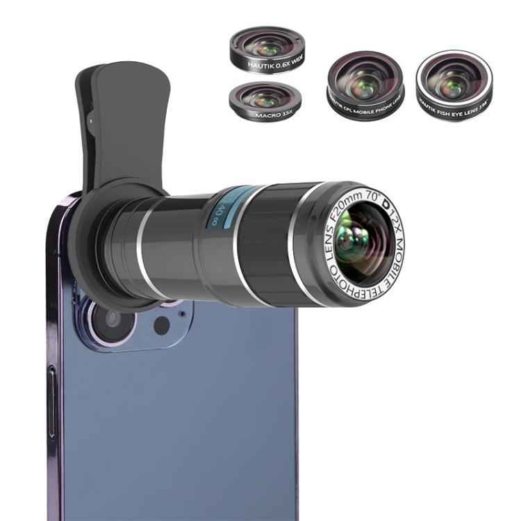HAUTIK HK-002 ชุดเลนส์ 5 in 1 ประกอบด้วยเลนส์ฟิชอาย 180 องศา + เลนส์มาโคร 0.65X & เลนส์กว้าง + เลนส์โทรโฟโต้ 12X + เลนส์เส้นดาว, HK-002