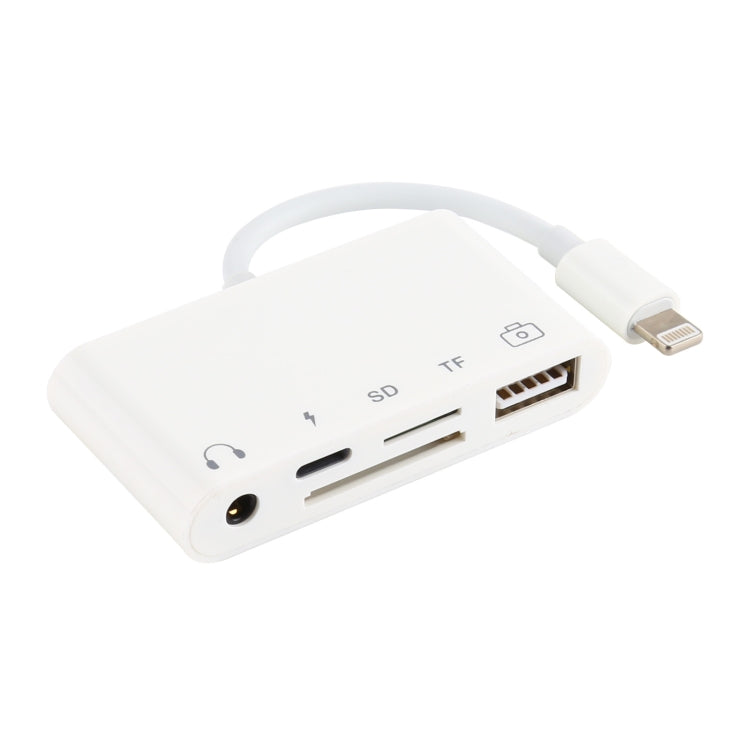 ฮับ 5 in 1 8 พิน เป็น USB และ USB-C / Type-C และช่องเสียบหูฟัง 3.5 มม. และเครื่องอ่านการ์ด SD และ TF
